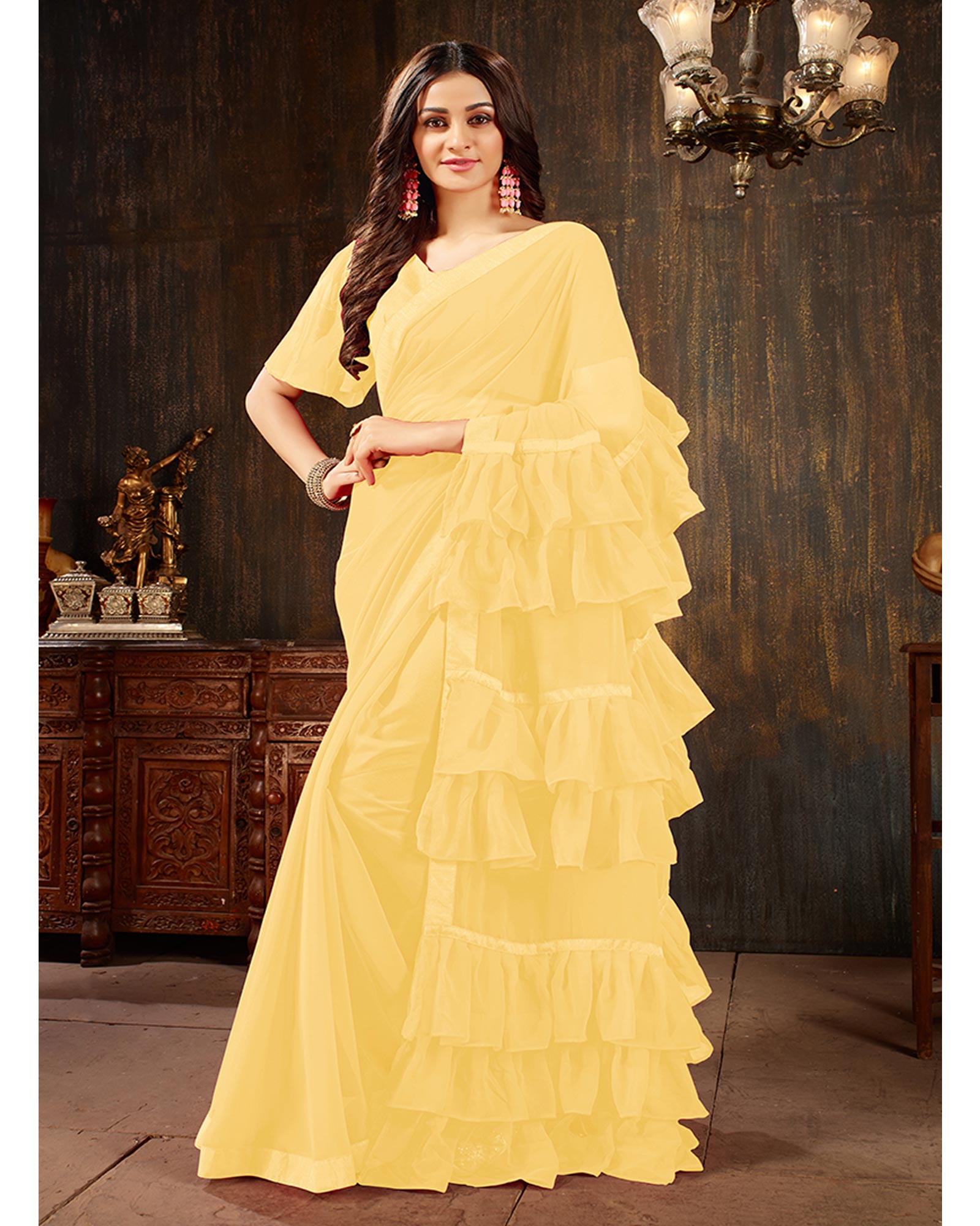 Yellow Color Georgette Ruffled Trendy Saree With Blouse