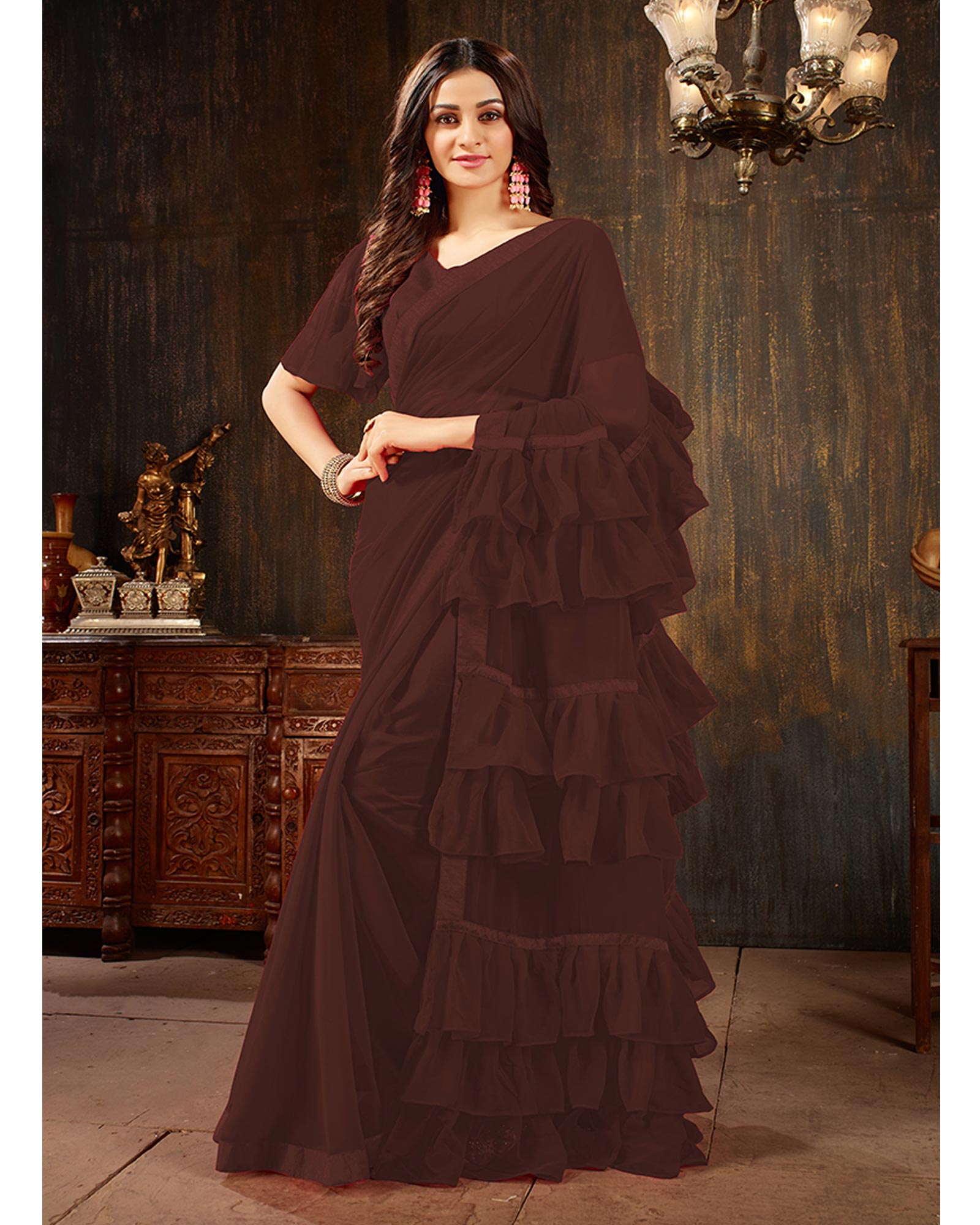 Brown Color Georgette Ruffled Trendy Saree With Blouse