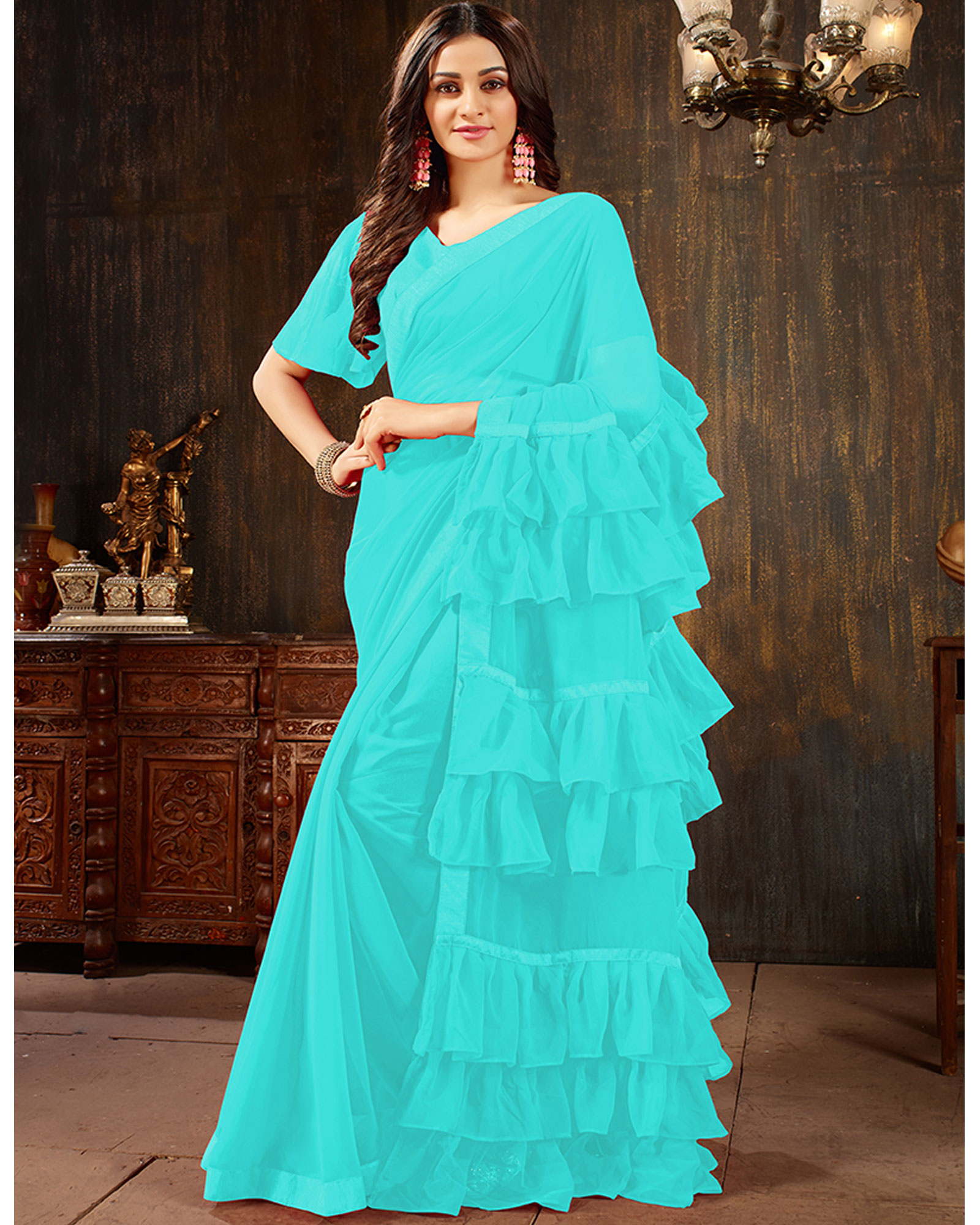 Sky blue Color Georgette Ruffled Trendy Saree With Blouse
