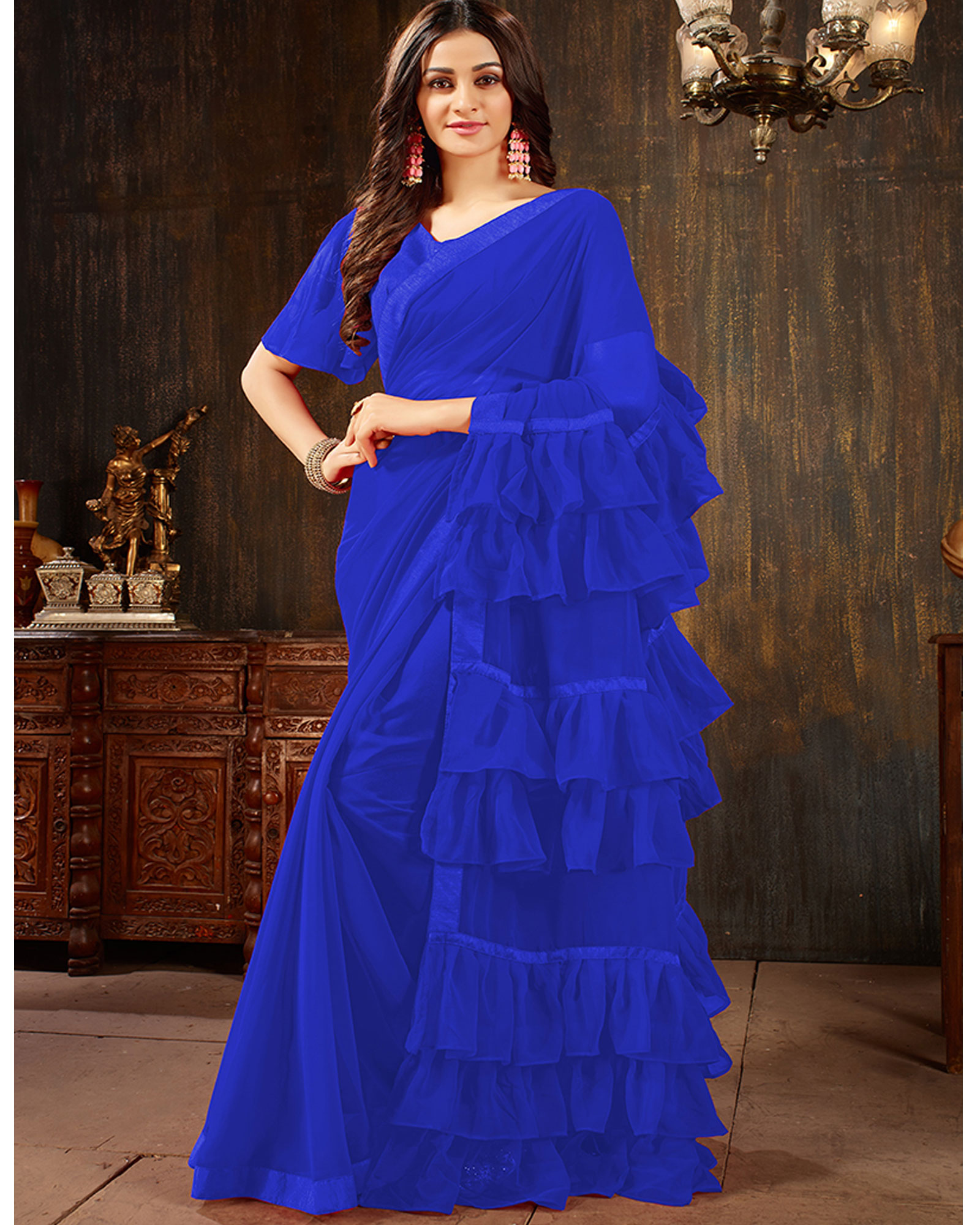 Blue Color Georgette Ruffled Trendy Saree With Blouse