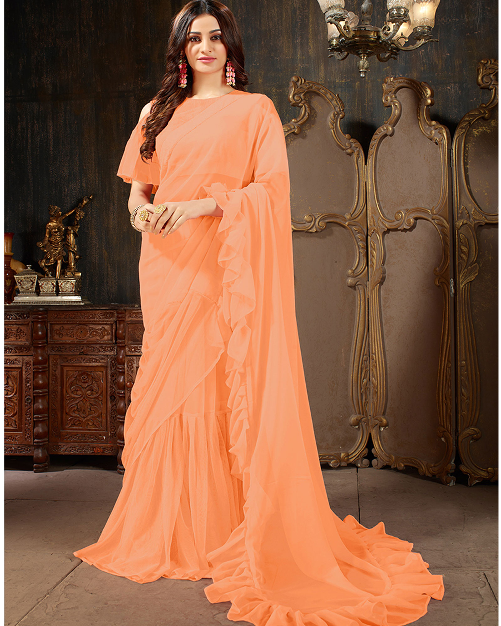 Salmon Color Georgette Party Wear Ruffles Saree