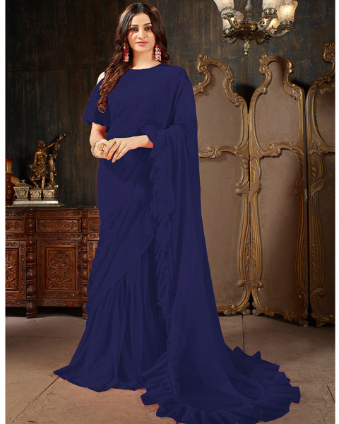 Navy blue Color Georgette Party Wear Ruffles Saree