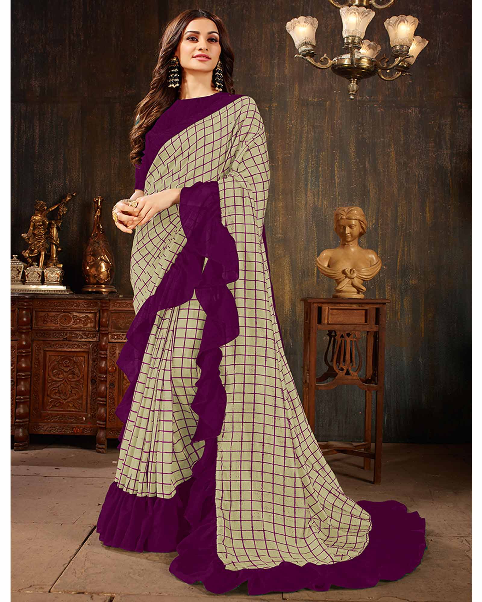 Dark Magenta Color Georgette Ruffled Trendy Saree With Blouse