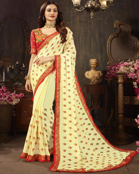 Jazzy Off White Colored Printed  Silk Georgette Casual Wear Saree