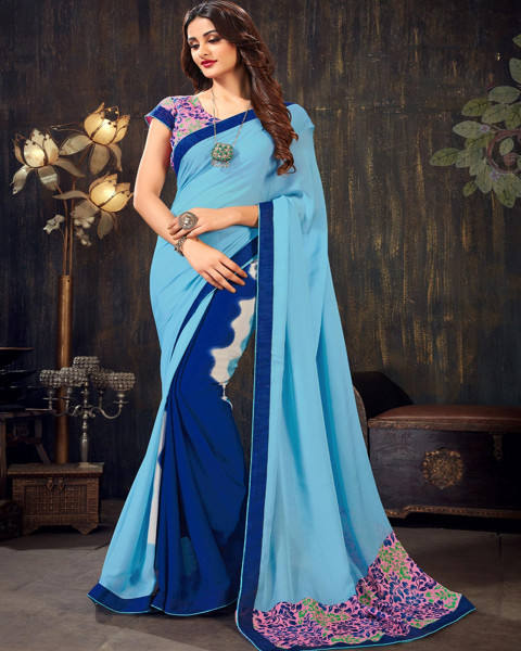 Light blue and Blue Color Printed Moss Chiffon Saree With Blouse