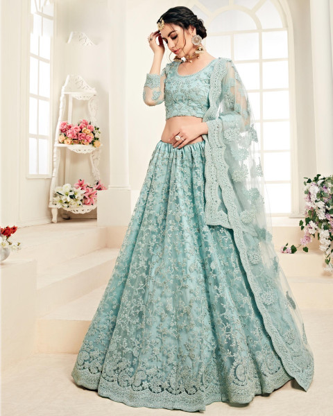 Aqua Blue Semi-Stitched Designer Lehenga Choli With Dupatta