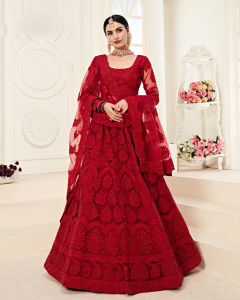 Red Semi-Stitched Bridal Lehenga Choli With Dupatta
