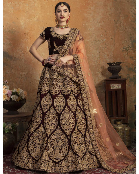 Divine Products India Womens Maroon Velvet Semi-Stitched Lehenga Choli 