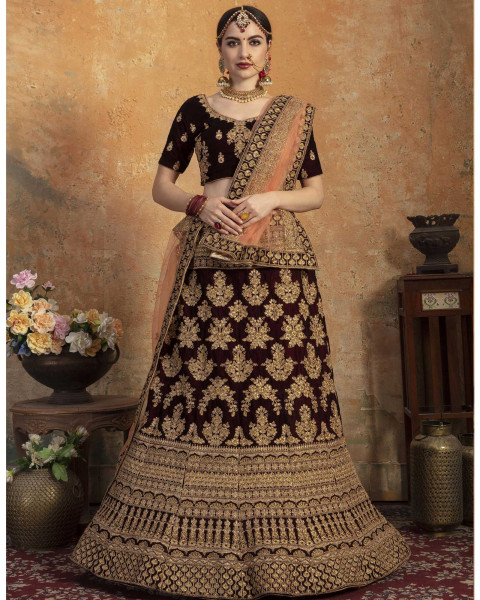 Buy Wedding Velvet Maroon Bridal Lehenga Choli Set | Indian Online Ethnic  Wear Website For Women