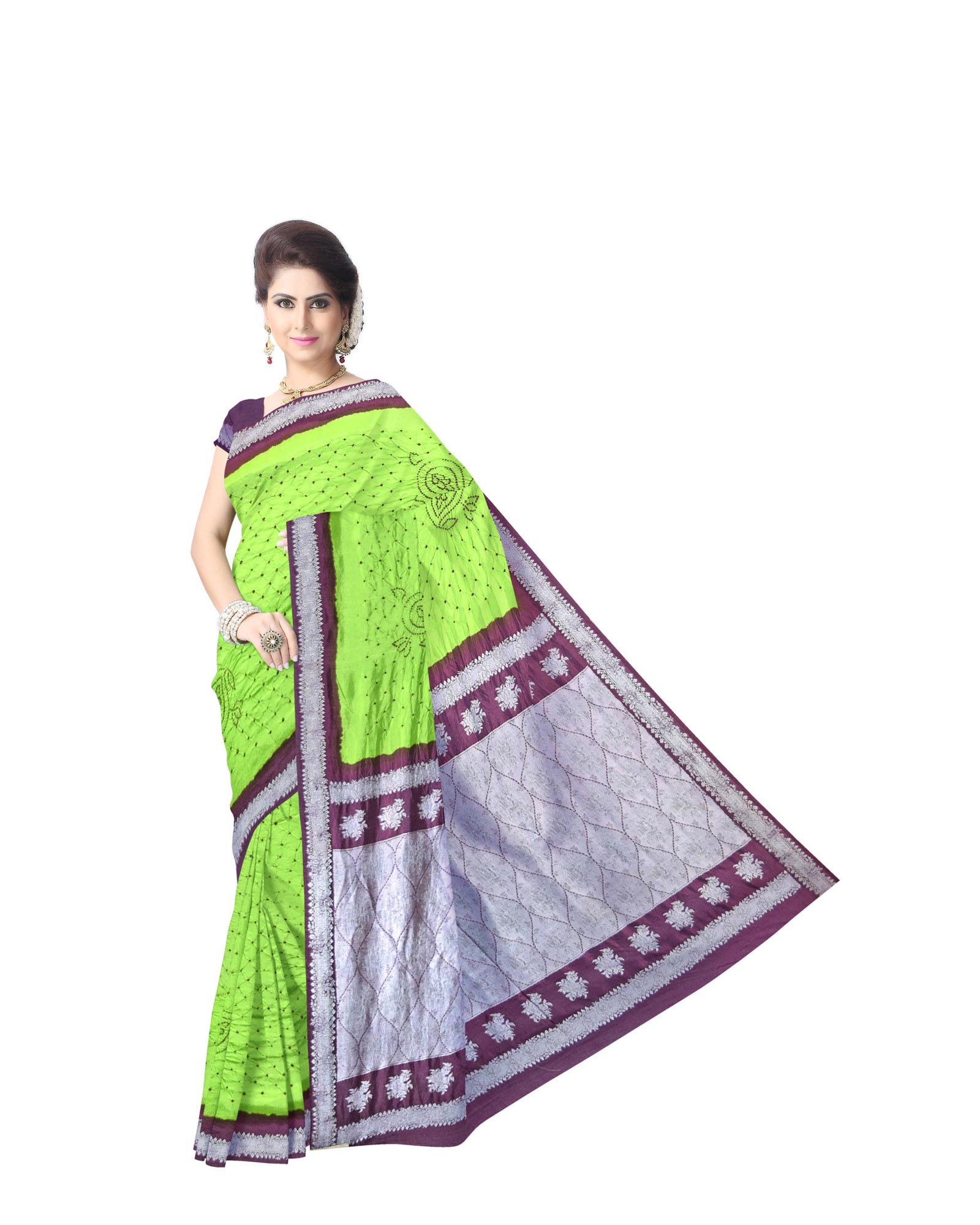 Green And Purple Color Dupion Silk Bandhani Saree