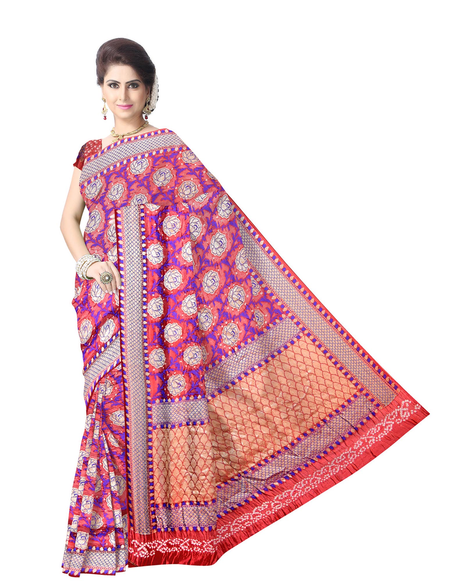 Red Color Weaving Design Dupion Silk Bandhani Saree