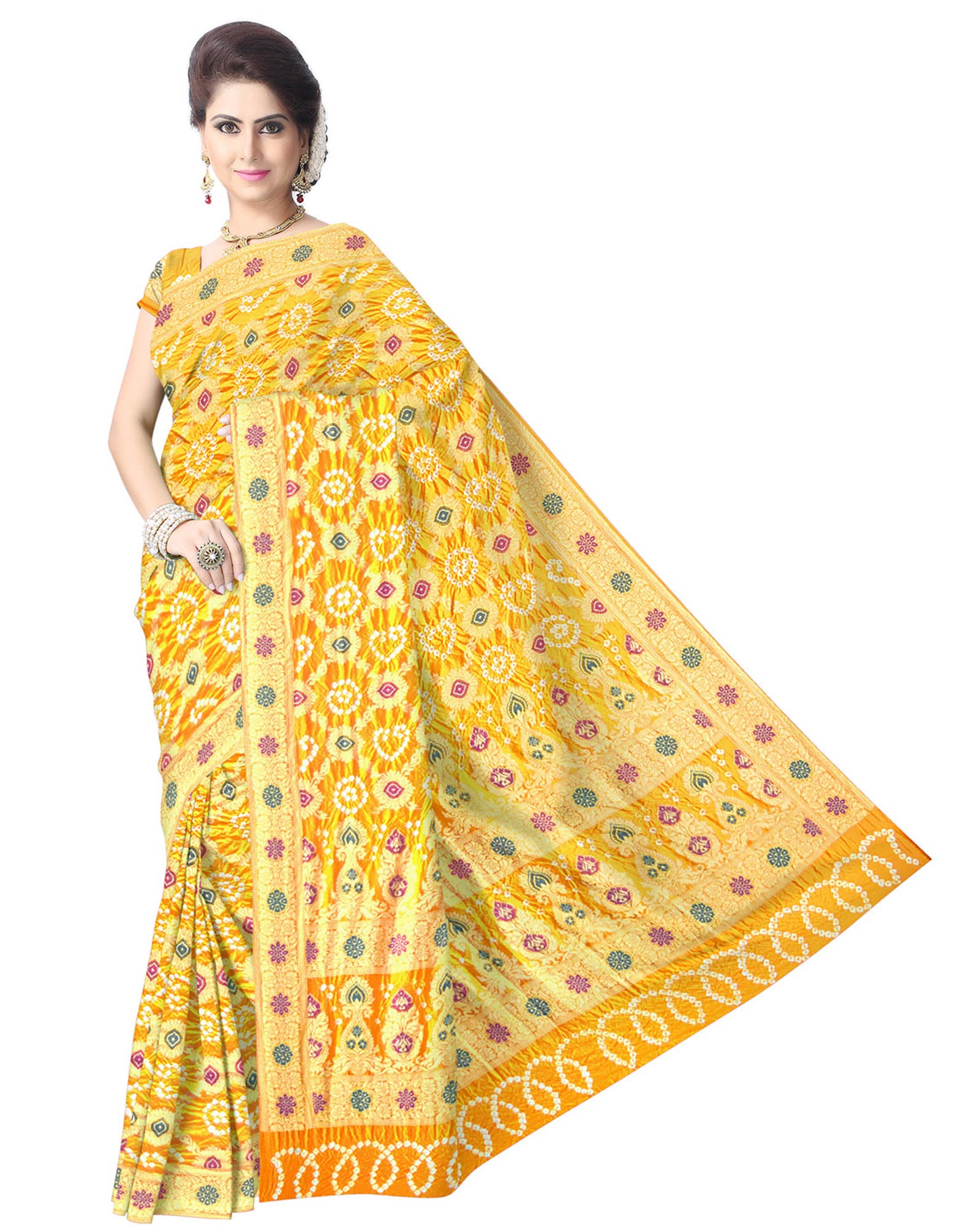 Golden Color Fancy Design Dupion Silk Bandhani Saree