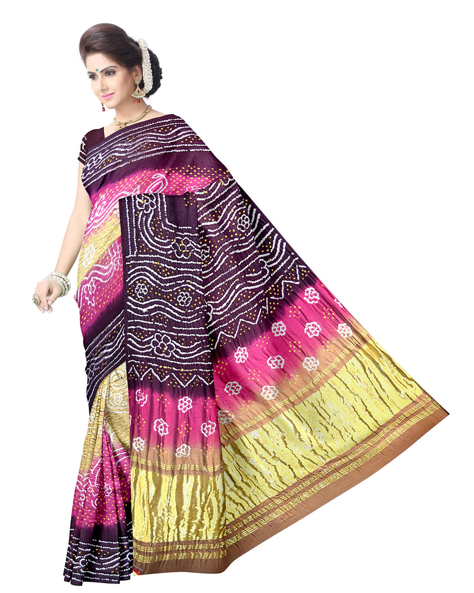 Chicku,Pink and Maroon Color Gaji Silk Bandhani Saree