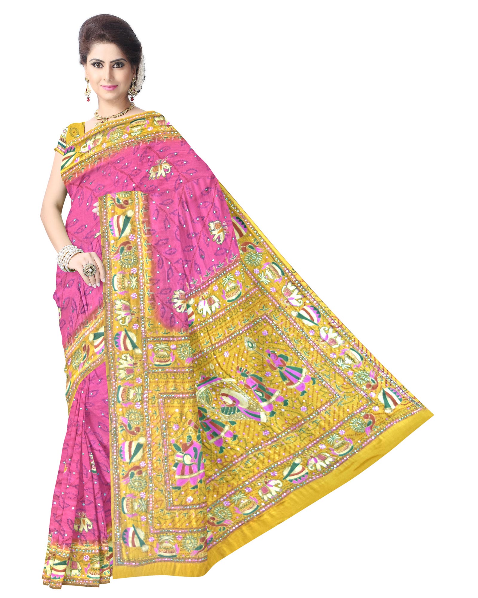 Pink And Golden Kasab Work Design Gaji Silk Bandhani Saree