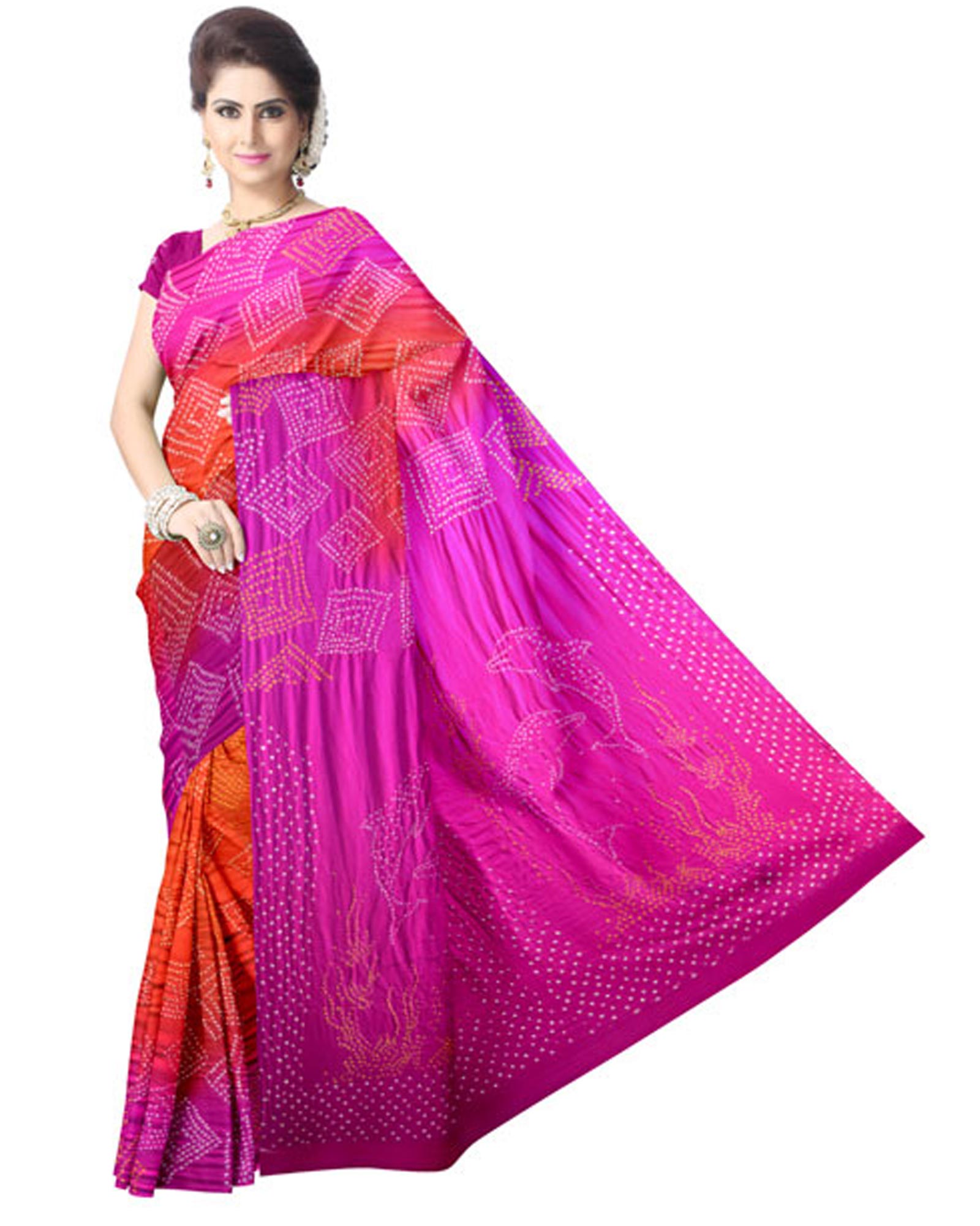 Orange With Pink Shaded Color Gaji Silk Bandhani Saree