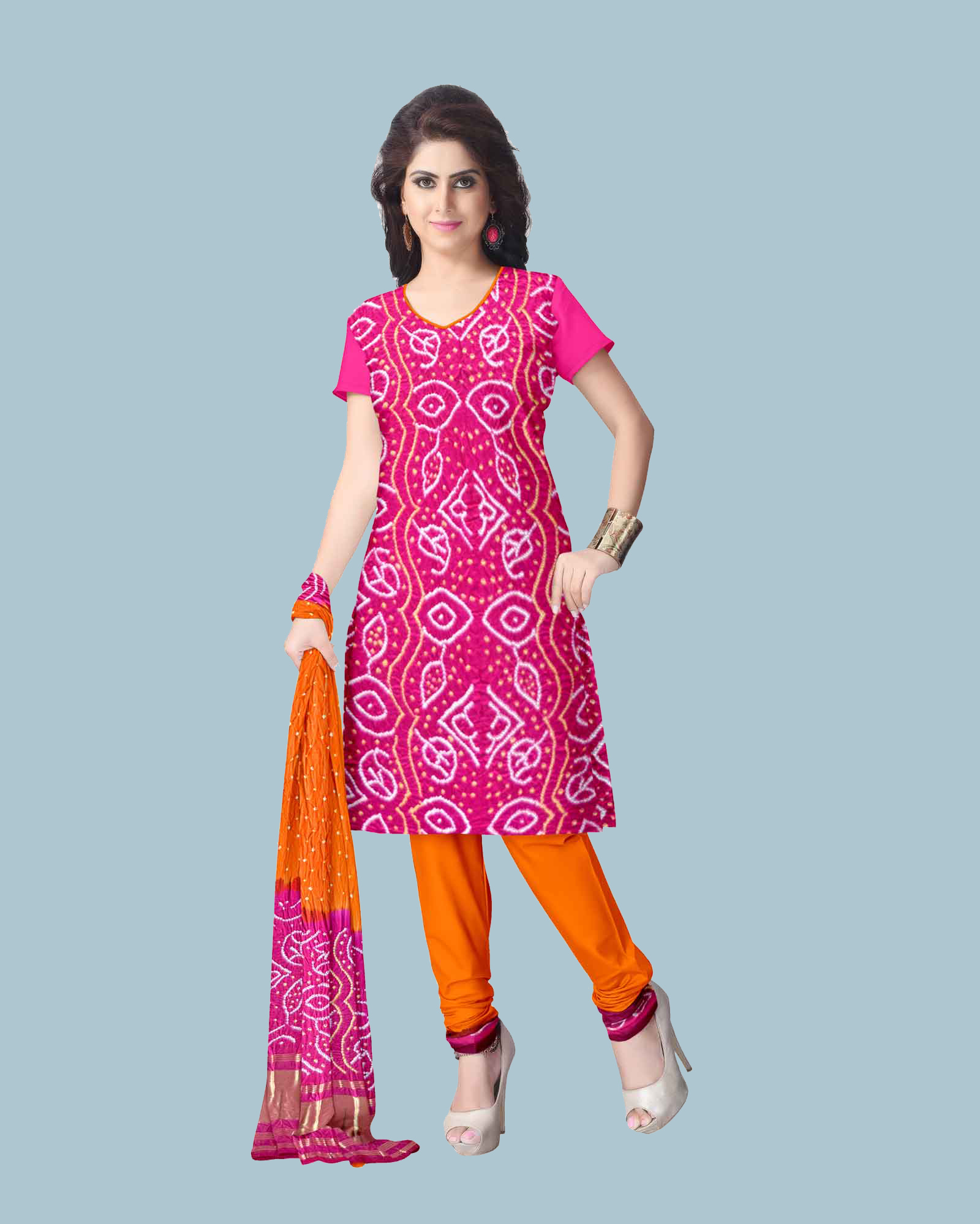 Pink And Orange Gaji Silk Fancy Dress Material