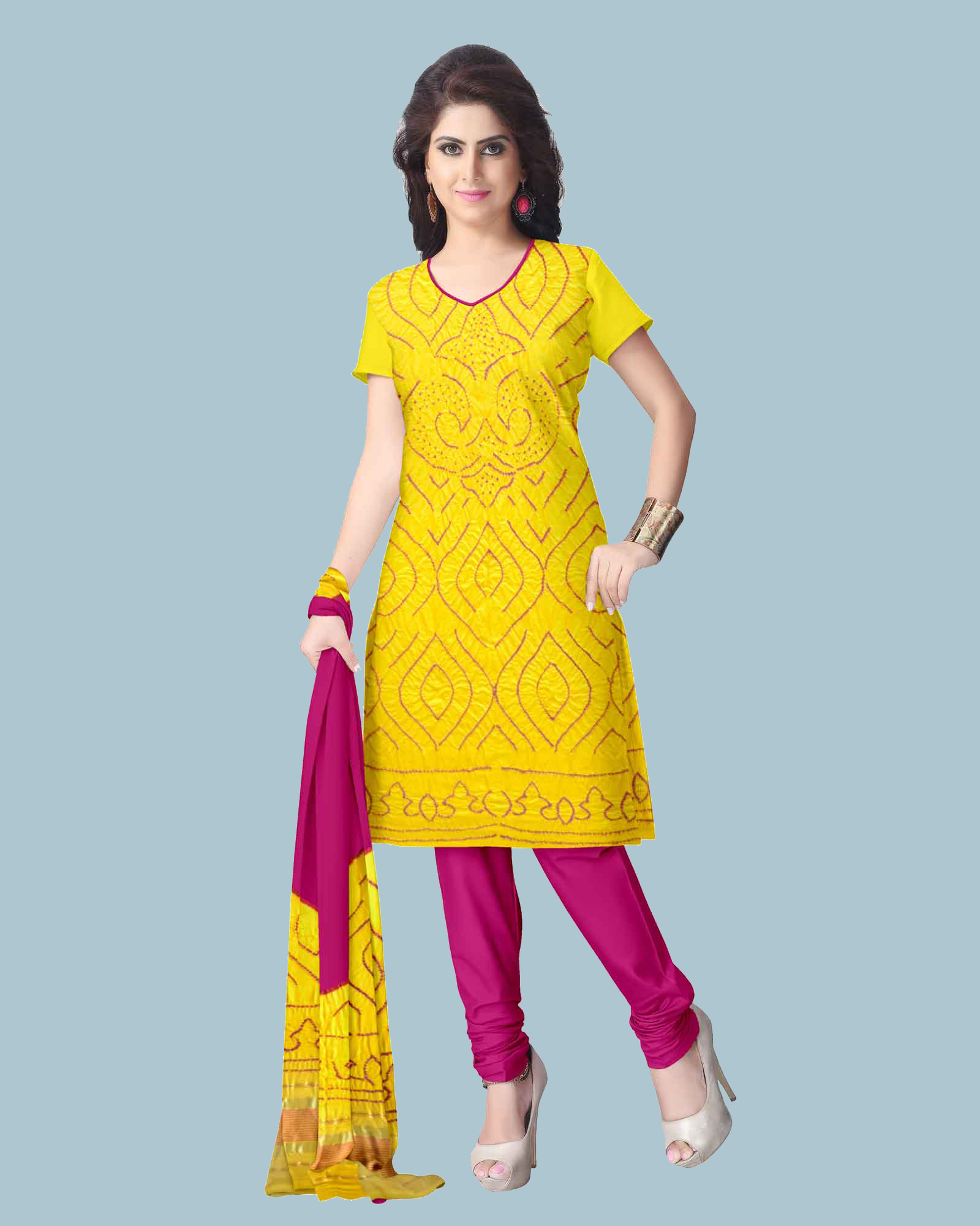 Yellow And Pink Gaji Silk Fancy Design Dress Material