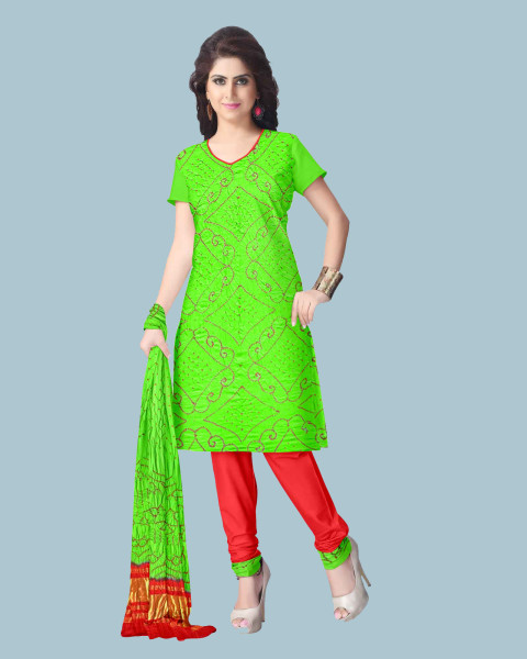Parrot Green And Red Gaji Silk Fancy Bandhej Dress Material