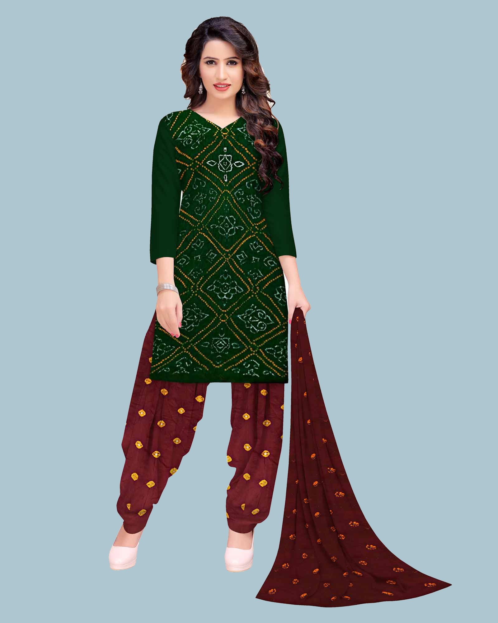 Green And Maroon Cotton Satin Bandhani Dress Material
