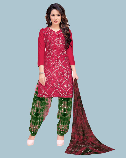 Pink Gajji Silk Bandhani Yoke Dress Material With Golden Lagdi Patta D –  Sankalp The Bandhej Shoppe