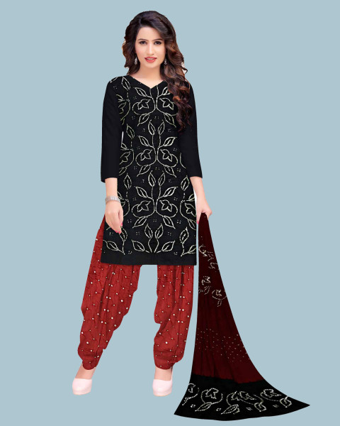 Black And Maroon Cotton Satin Bandhani Dress Material