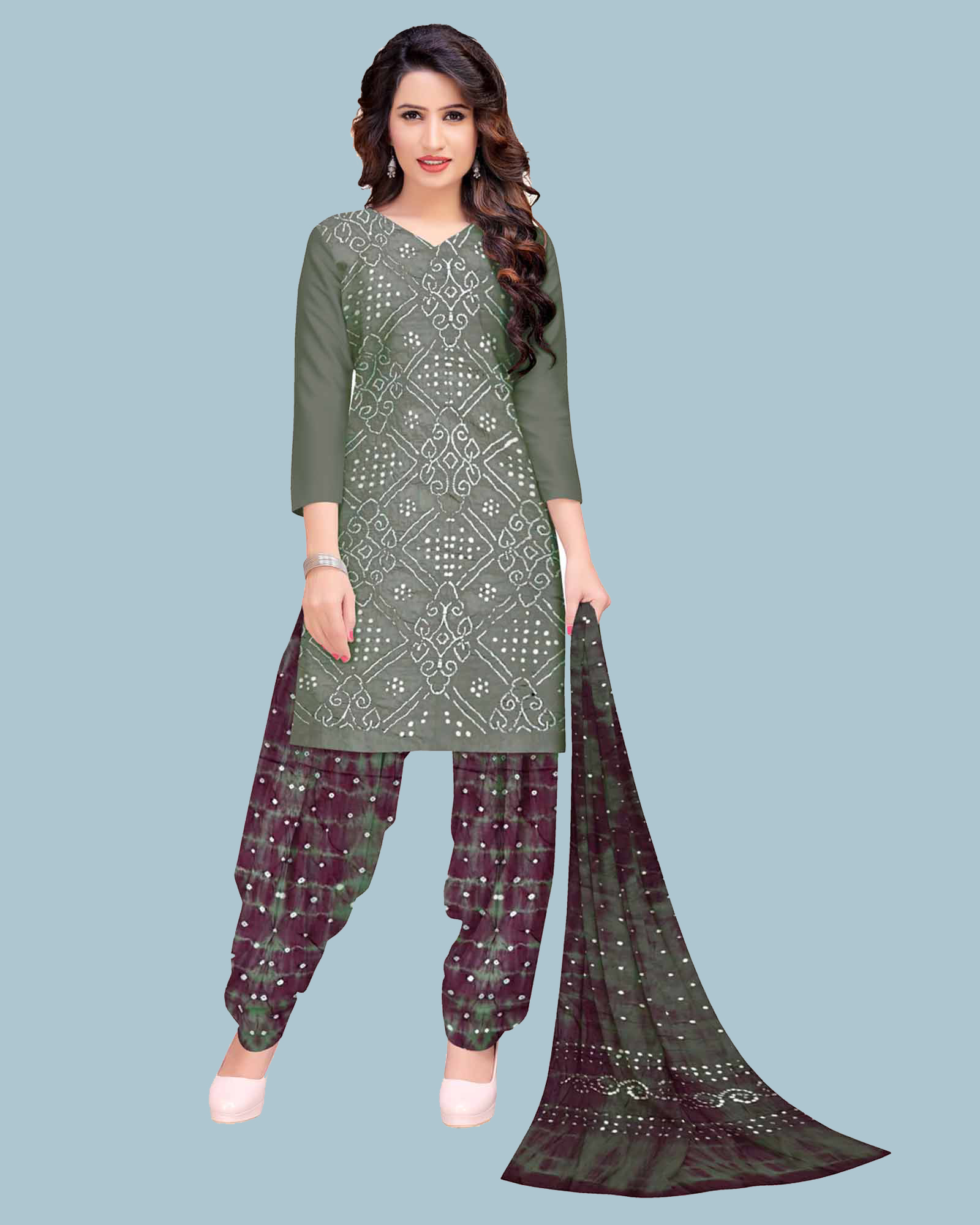 Grey And Magenta Cotton Satin Sibori Design Bandhani Dress Material