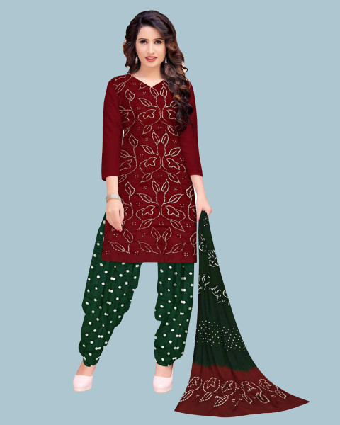 Red And Dark Green Cotton Satin Sibori Design Bandhani Dress Material