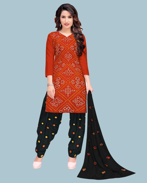 Orange And Black Cotton Satin Fancy Bandhani Dress Material