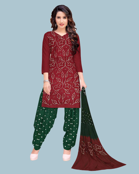 Maroon And Green Cotton Satin Bandhani Dress Material