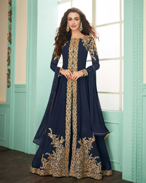 Buy Navy Blue Dola Silk Party Wear Digital Printed Gown With Dupatta Online  From Wholesale Salwar.