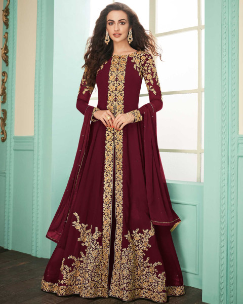 Maroon Semi-Stitched Western Gown With Dupatta