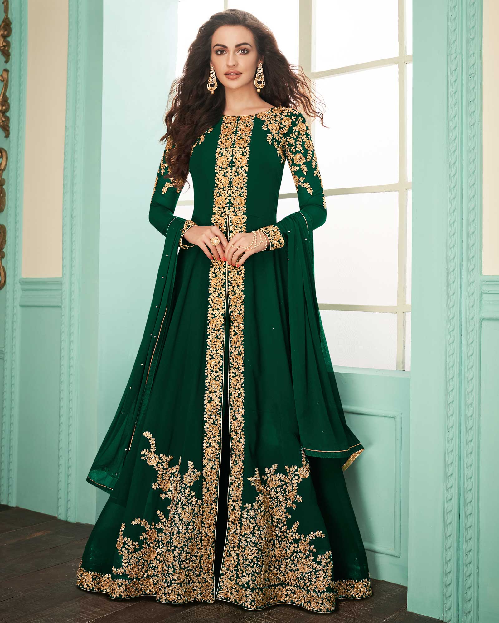 Green Semi-Stitched Western Gown With Dupatta