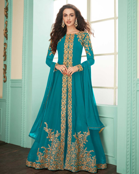 Women's Net Embroidered Semi Stitch Gown With Dupatta