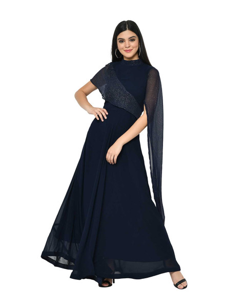 Navy Blue Embellished Party Gown 