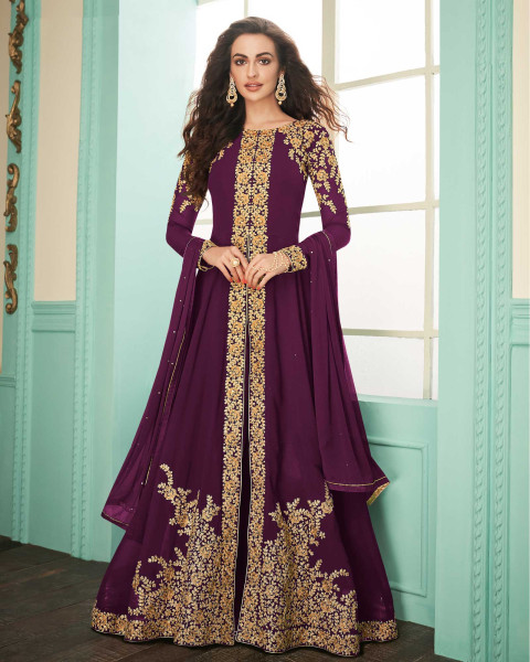 Purple Semi-Stitched Western Gown With Dupatta