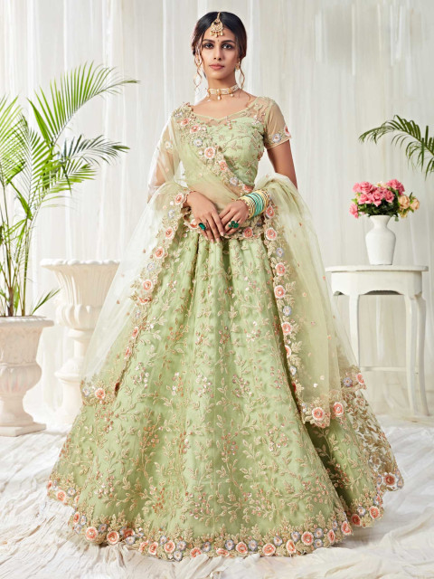 Bottle Green Embroidered Velvet Bridal Lehenga Choli - SA315801