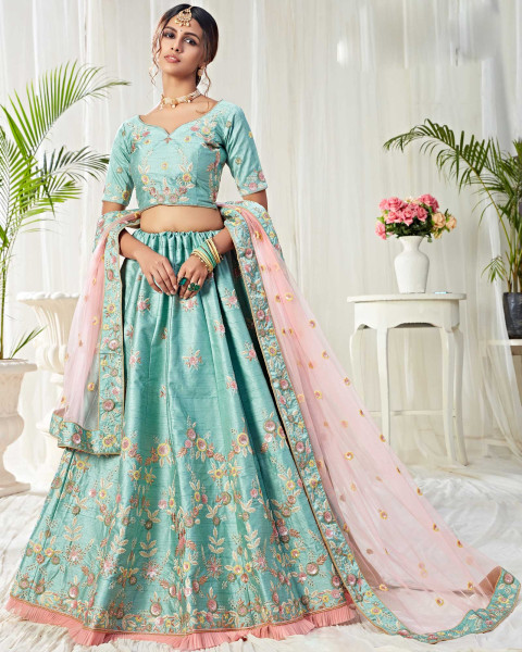 Blue and pink tafetta silk Indian wedding lehenga choli 7817