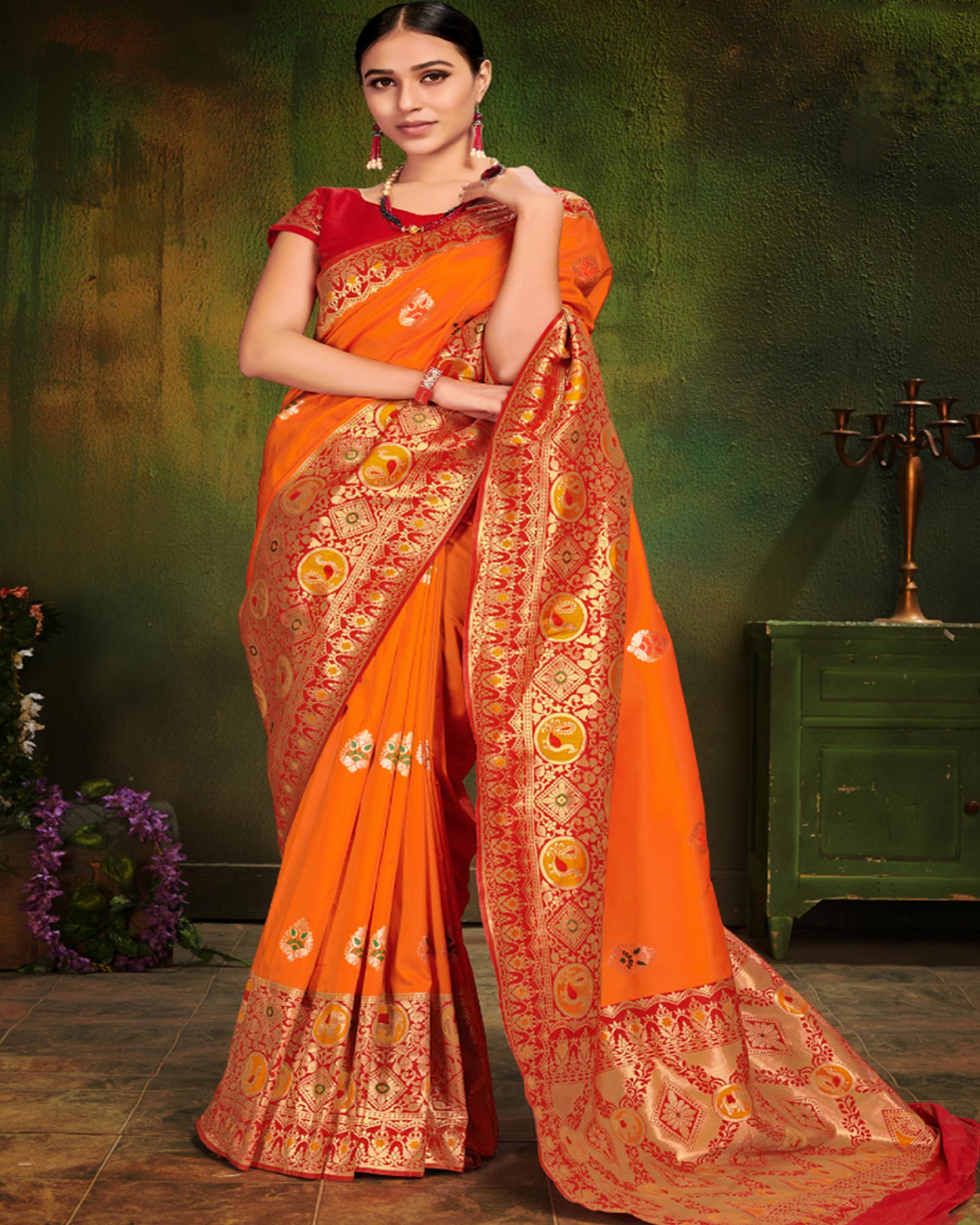Jamdani Cotton Silk Saree in Dark Orange : SPN6504