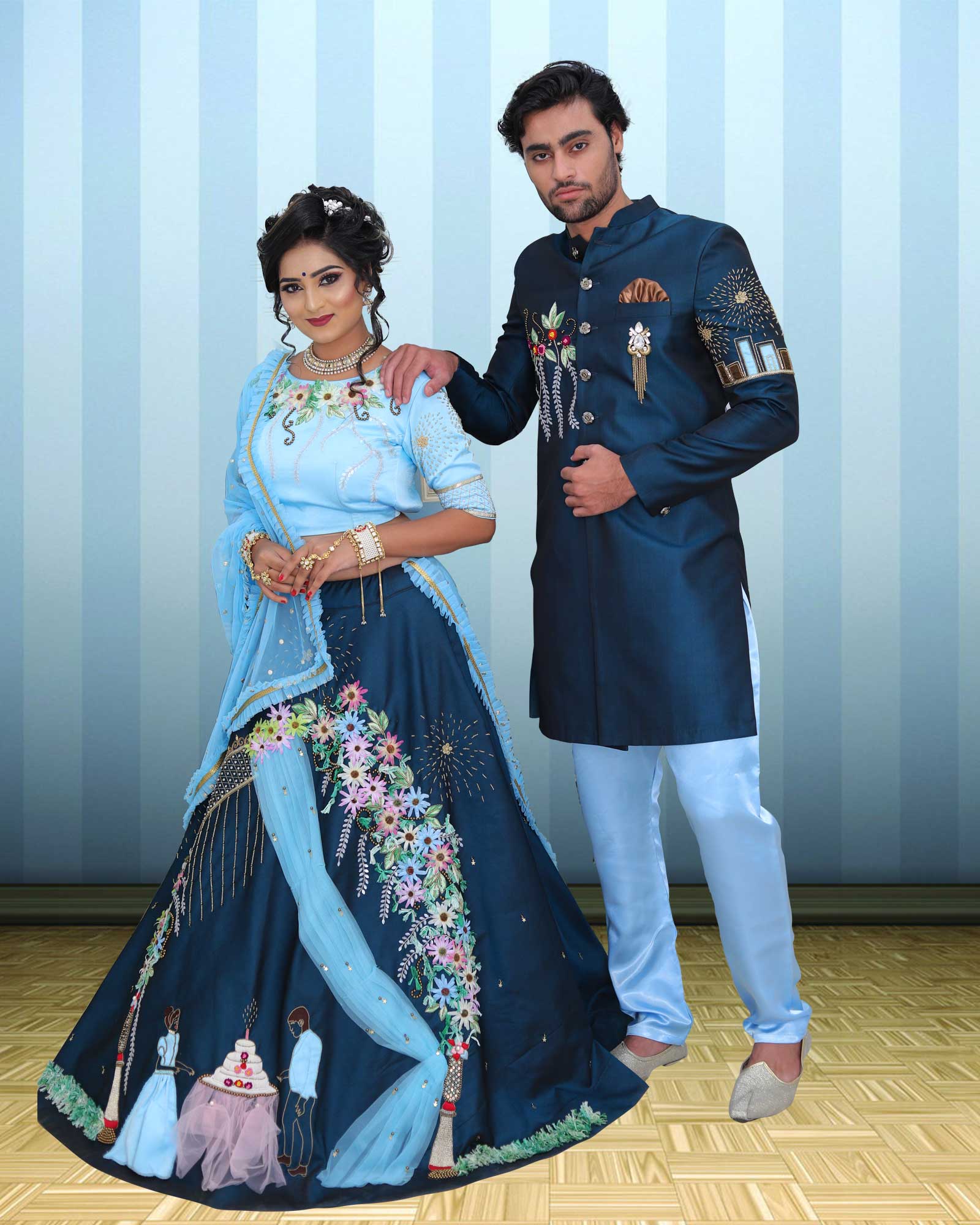 Couple Wear Navy Blue Floral Pattern Indowestern And Lehenga Choli Set - AB287