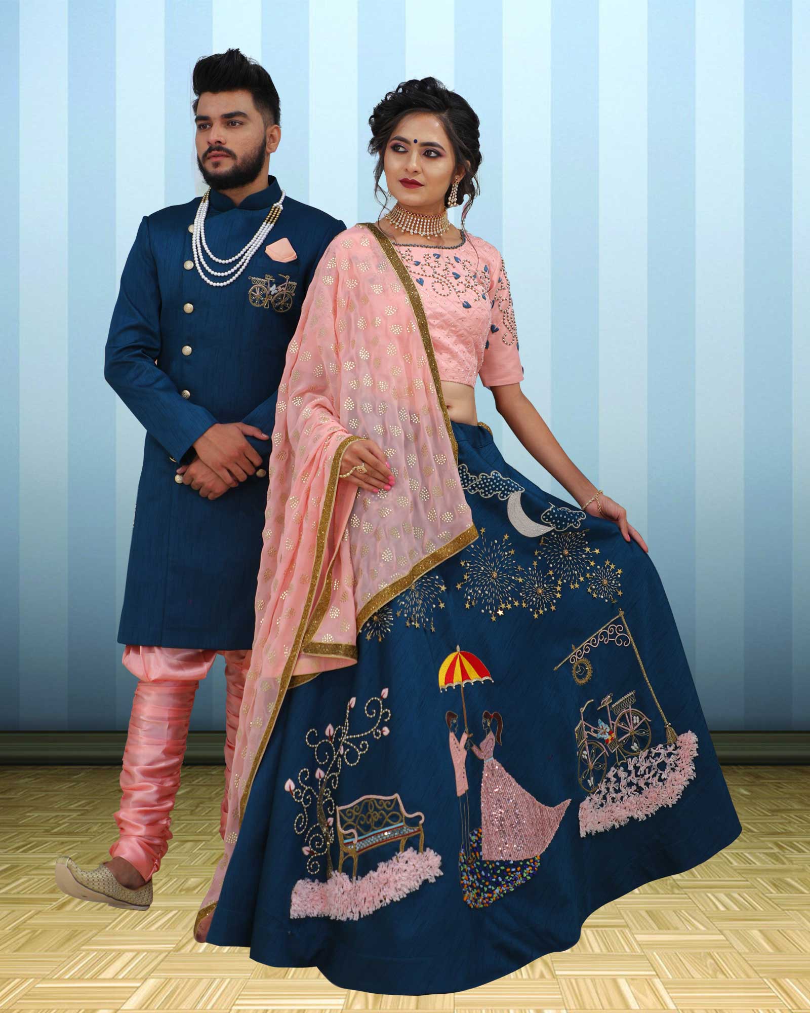 Wedding Wear Yellow Printed Lehenga With Couple Combo Set | Ethnicroop
