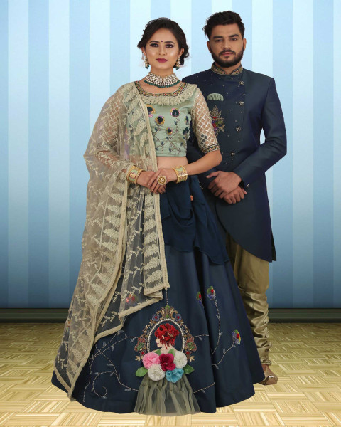 Couple Wear Dark Green Embroidered Indowestern And Lehenga Choli Set - AB351