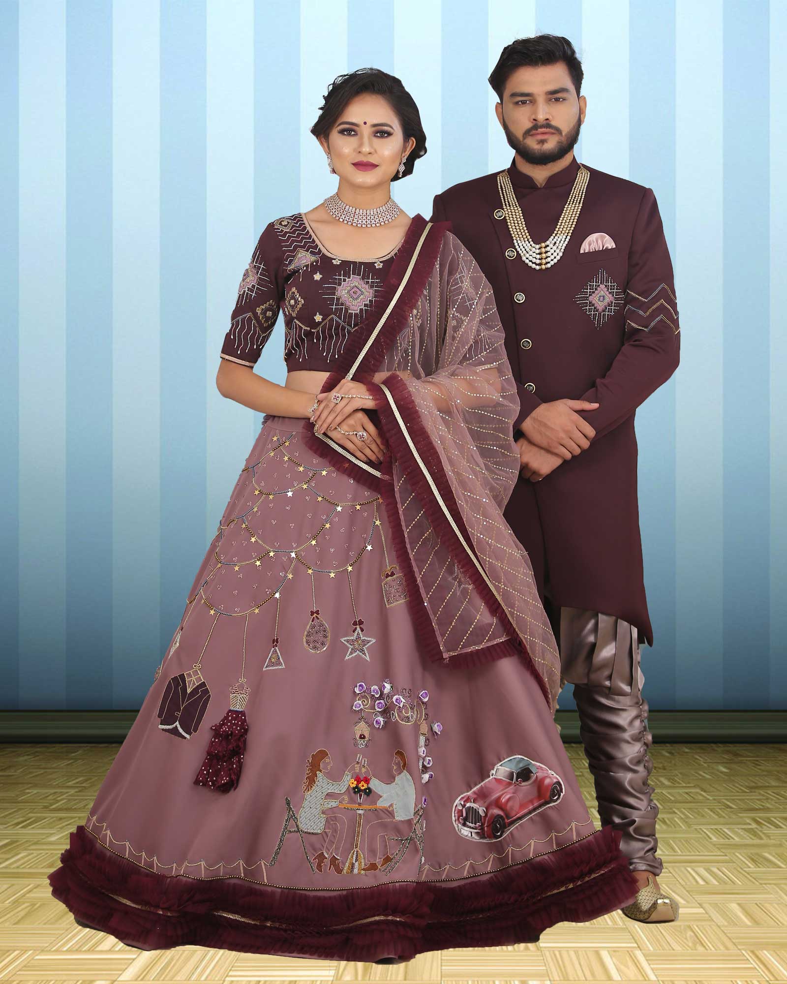 Couple Wear Brown Designer Indowestern And Lehenga Choli Set - AB366