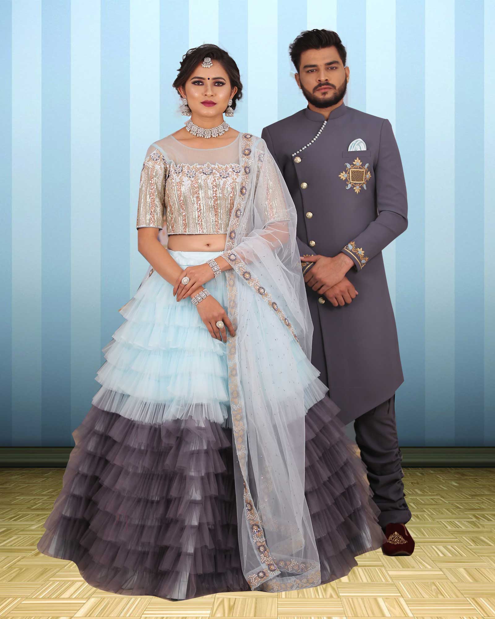 Couple Wear Grey Designer Indowestern And Lehenga Choli Set - AB371
