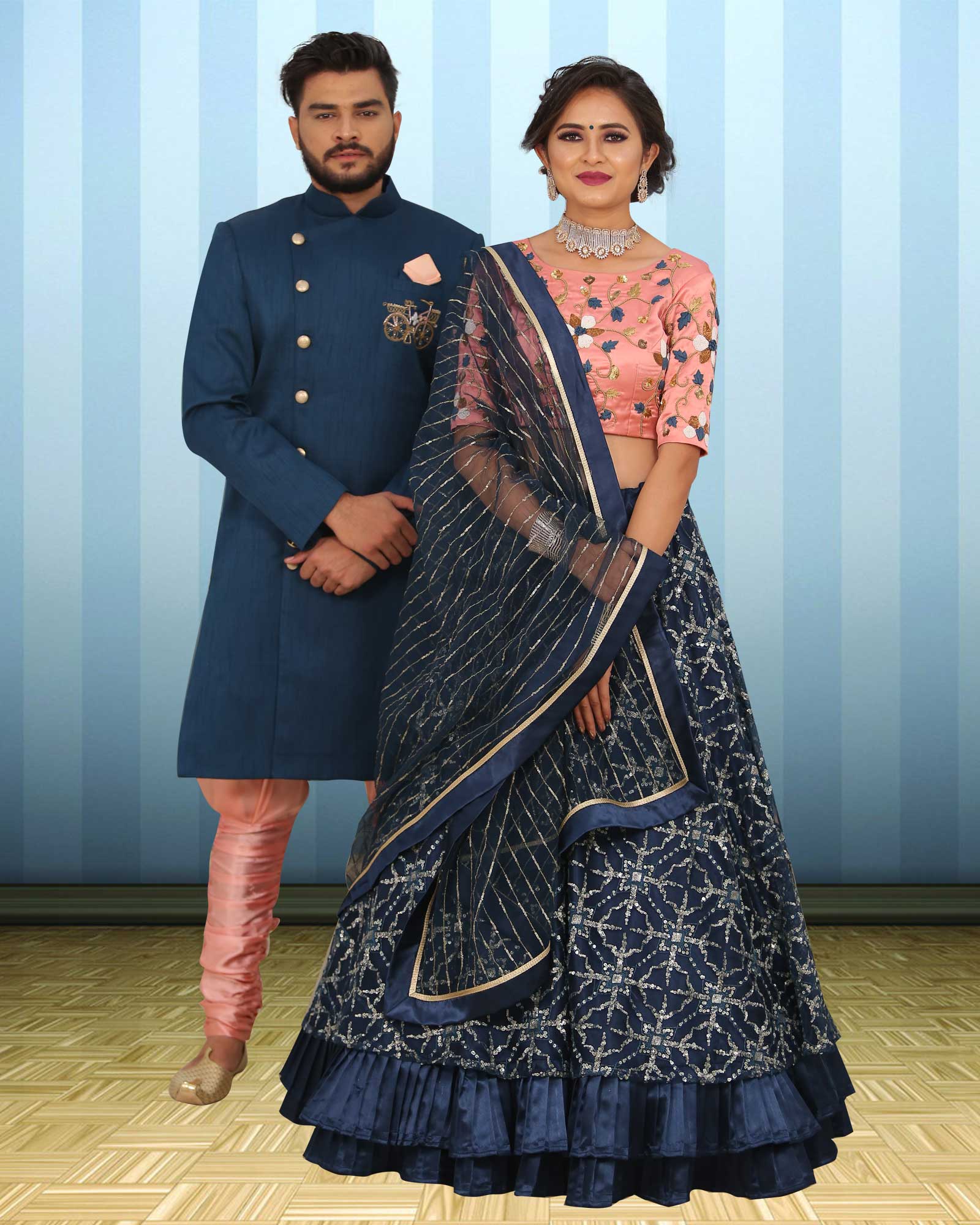 Couple Wear Royal Blue Sequence Work Indowestern And Lehenga Choli Set - AB378