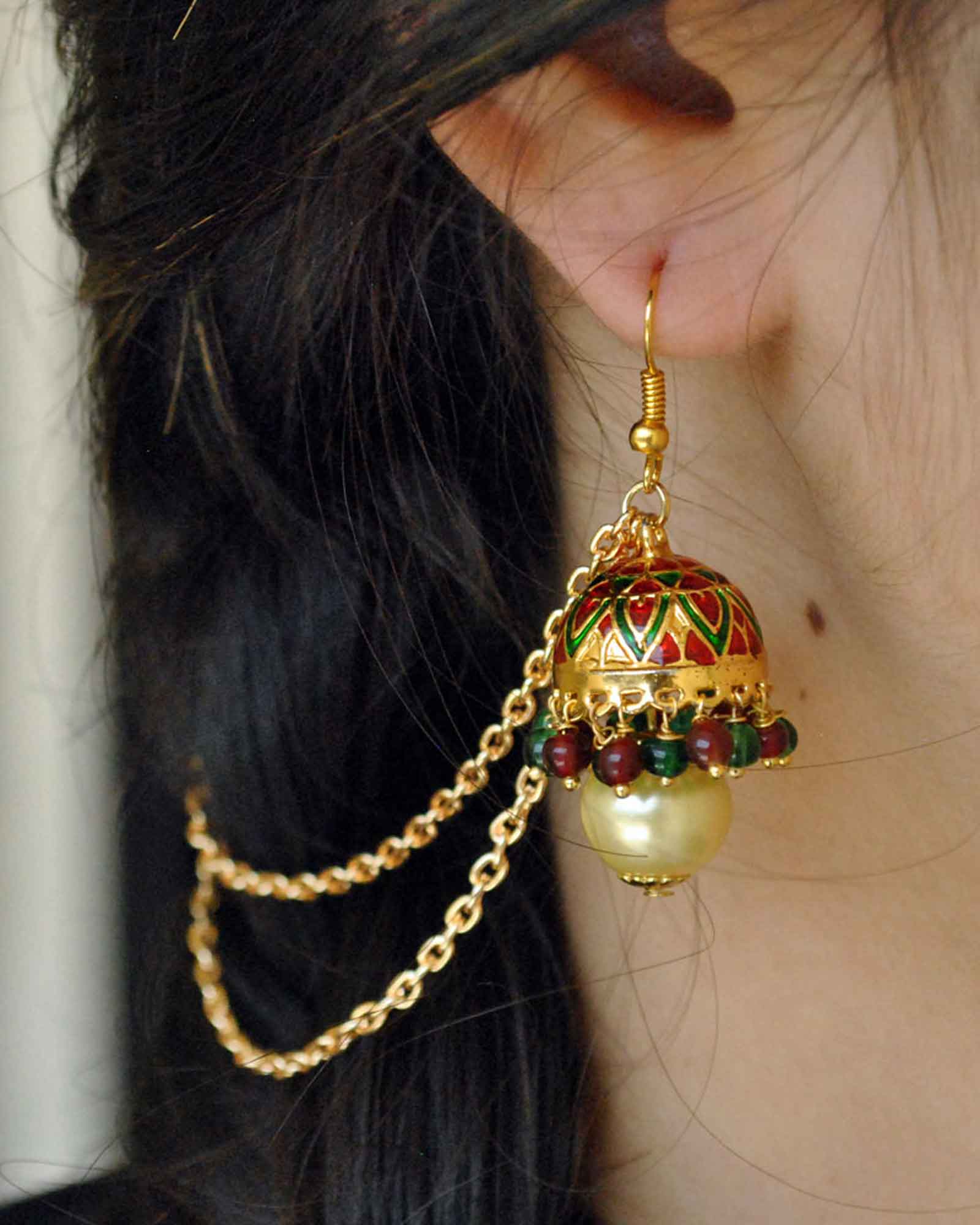 Jhumki with hari chain earrings
