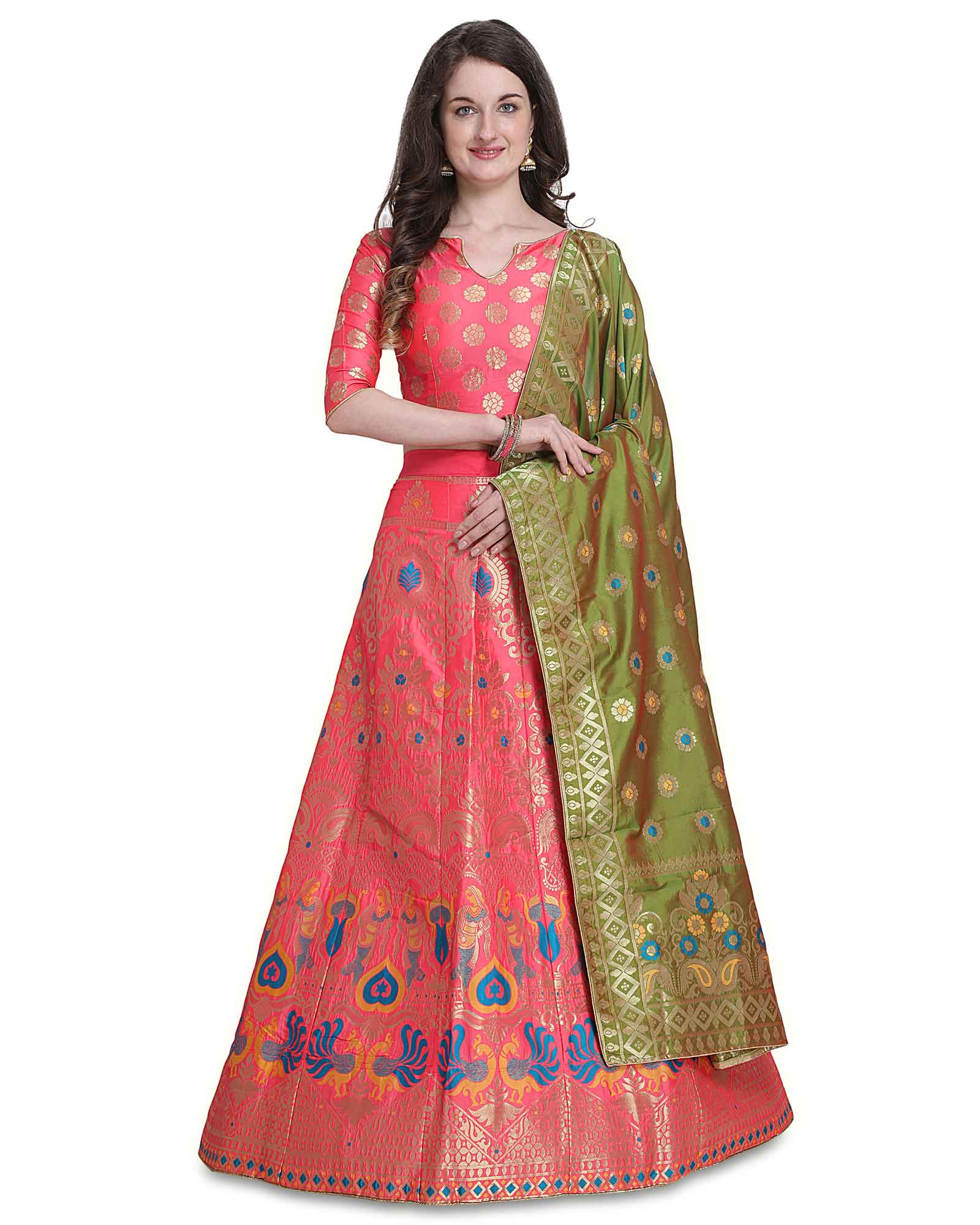 Peach Bridal Semi Stitched Wedding Lehenga With Dupatta