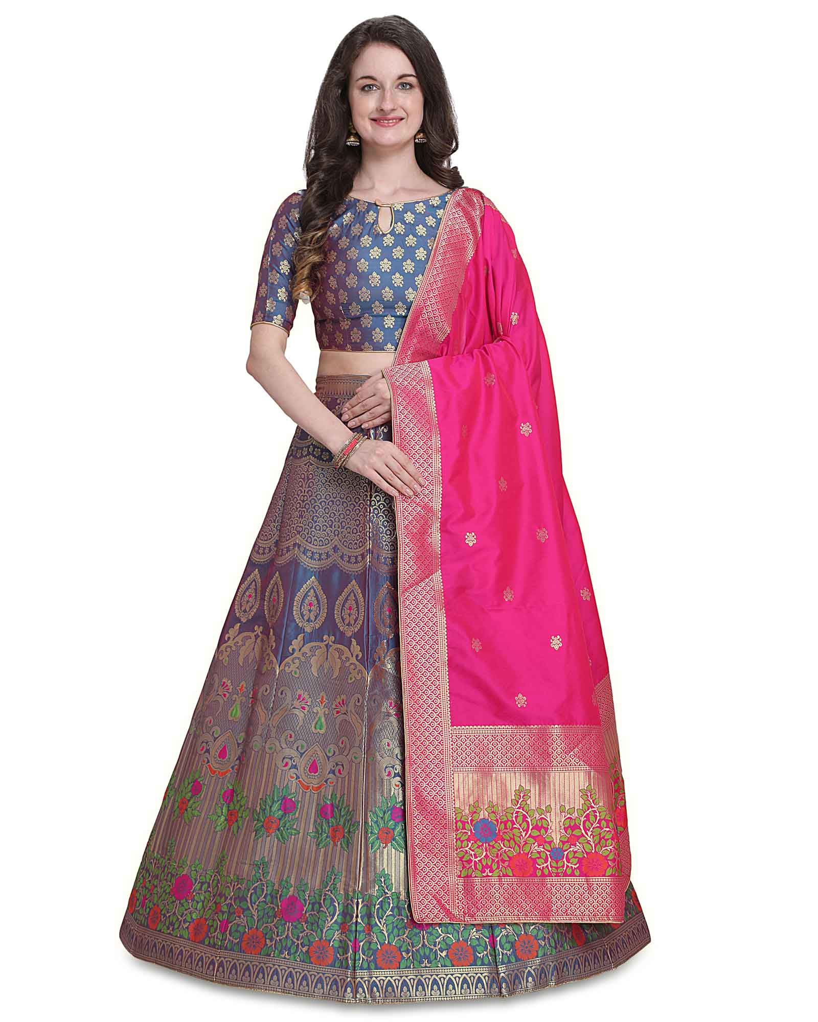 Blue Semi Stitched Zari Woven Lehenga And Choli With Dupatta