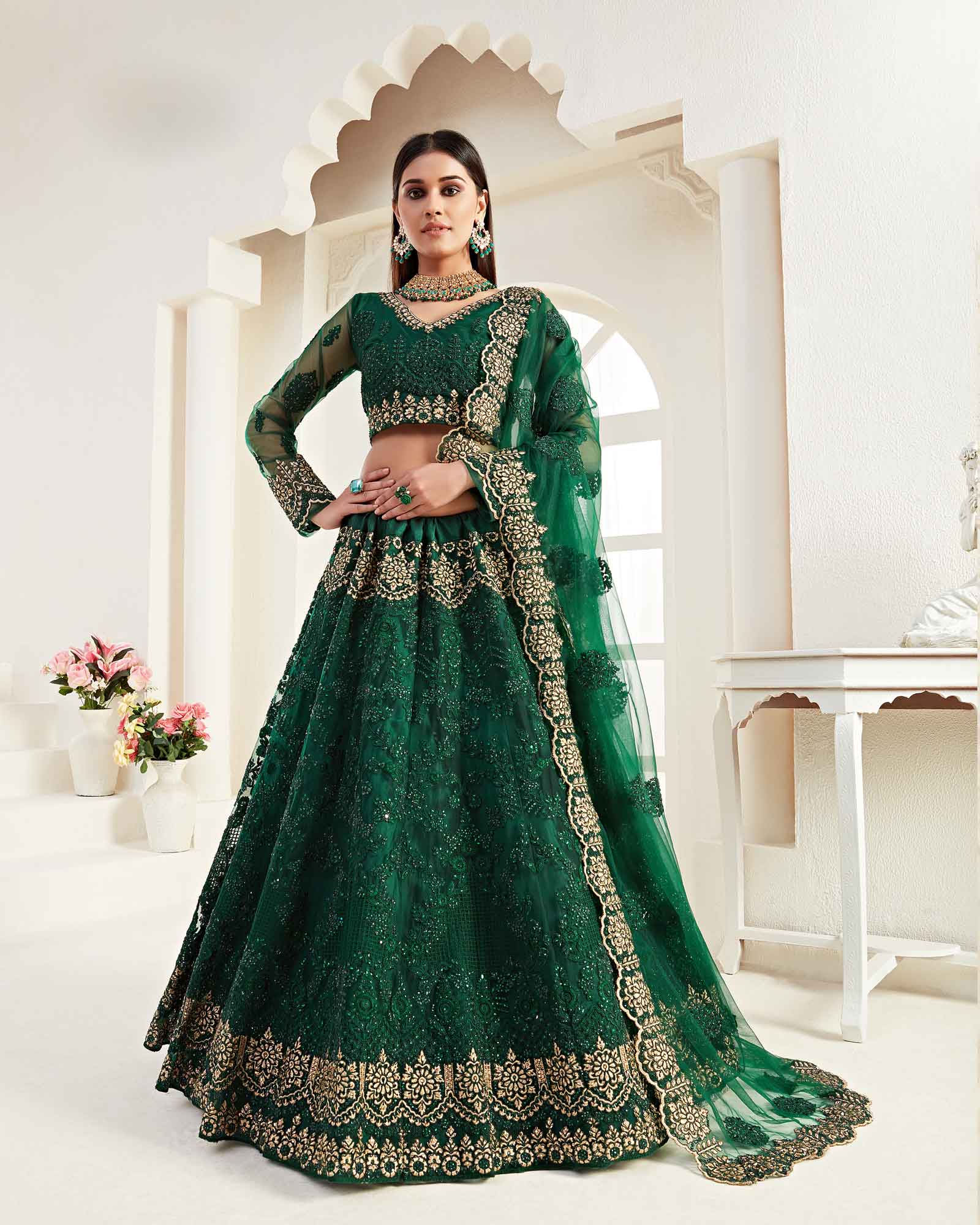 Green Semi Stitched Wedding Lehenga And Choli With Dupatta 