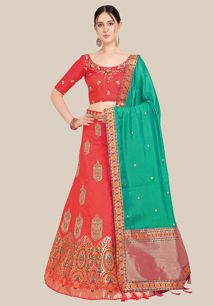 Red Banarasi Semi Stitched Lehenga & Choli with Dupatta