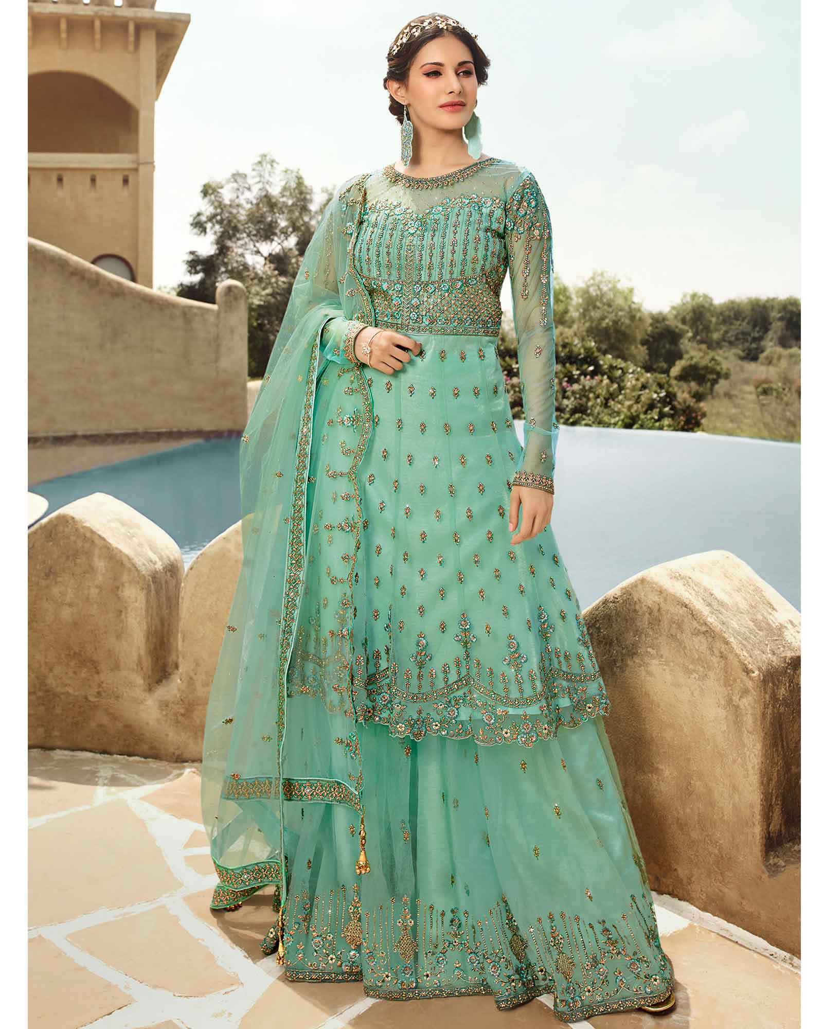 Teal Net Embroidered Semi Stitched Indowestern